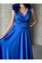 Cobalt Blue Double Breasted Collar Shoulder Detailed Satin Evening Dress - 3
