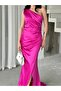 Fuchsia One Shoulder Slit Detailed Long Evening Dress - 3