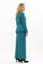 Oval Collar Side Pockets Classic Jacket & Long Straight Slim Skirt-Petrol - 4