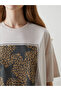 Lcw Vision Beige Crew Neck Printed Oversize Women's T-Shirt - 3