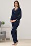 Women's Navy Blue Design Long Sleeve Cotton Maternity Pajama Set Nightgown 4-Piece Set - 2