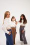 Girl's Padded Design White Shirt with Sleeve Label Striped Wide Leg Trousers 2-Piece Set - 3