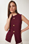 Gold Buttoned Ribbed Knitted Blouse Claret Red Lzv0007 - 3