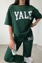 Yale T-Shirt Sweatpants Jogger- Green Print Bottom Top Sweatpants Set Oversize Crew Neck - 4