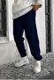 Smile Face Navy Blue Jogger Thin Sweatpants - Elastic Leg Printed Comfortable Style with Leg Print Detail - 2