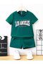 Los Angeles California Printed Cotton Children's Green Shorts T-Shirt Set - Children's Summer Crew Neck