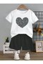 Heart Cotton Kids Set - White T-Shirt Black Shorts Printed Girls Boys Summer Crew Neck