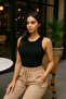 Women's Black Halter Neck Ribbed Knit Tank Top Bodysuit