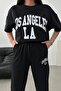 Los Angeles T-shirt Sweatpants Jogger- Black Printed Bottom Top Sweat Suit Oversize Crew Neck - 2