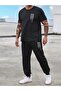 Chinese T-shirt Sweatpants Jogger- Black Printed Bottom Top Sweat Suit Oversize Crew Neck - 4