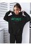 Happiness Tracksuit Set Sweatshirt Jogger Pants - Black Printed Oversized Brushed Inside Hooded