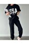 USA T-shirt Sweatpants Jogger- Black Printed Bottom Top Tracksuit Set Oversize Crew Neck - 2