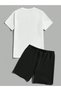 Palmiye Minimal T-shirt Shorts - White Black Bottom Top Set Shorts T-shirt Combination Printed Crew Neck - 2