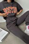 Boston T-shirt Sweatpants Jogger - Smoke Printed Bottom Top Tracksuit Set Oversize Crew Neck - 2