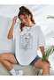 Floral Pattern T-shirt - White Printed Oversize Crew Neck Short Sleeve T-Shirt - 3