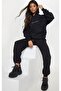 Pretty Tracksuit Set Sweatshirt Jogger - Black Printed Hooded Oversize Ribbed Rubber Leg