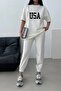 USA T-shirt Sweatpants Jogger-White Printed Bottom Top Tracksuit Set Oversize Crew Neck