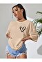 Minimal Heart T-shirt - Light Brown Printed Oversize Crew Neck Short Sleeve T-Shirt