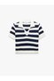 Striped Polo Neck Short Sleeve Knitwear Sweater - 4