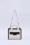 Cream-Black Shk161 Canvas Fabric Two-Compartment Lined Zippered Double Strap Crossbody, Hand and Shoulder Bag