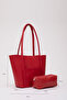 Red Shk80 Makeup Bag Ö Nue Pocket Snap Fastener Faux Leather Hand and Shoulder Bag - 4