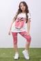 Girl's Palm Tree Printed Summer T-Shirt and Leggings Set - Comfortable & Stylish Two-Piece Set Ecru & Dusty Rose
