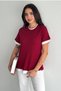 Women's Red Round Neck Stripe Detailed 100% Cotton T-Shirt