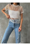Women's Stripe Pattern Sequins Sequined Tulle Crew Neck Short Sleeve T-Shirt - 3