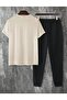 Beige Oversize Los Angeles Printed Bicycle T-Shirt - Black Jogger Sweatpants Set - 2