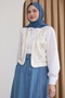Beige Triple Suit with Embroidery Vest and Denim Skirt - 2
