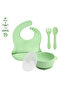 Silicone Feeding Set Silicone Vacuum Food Bowl with Lid, Silicone Bib, Fork and Spoon / Green