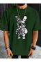 Robotic Rabbit Single Jersey T-Shirt - Nefti Green Printed Oversize Crew Neck T-Shirt