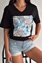Women's Black V-Neck Plus Size Sequin Sequin Embroidered 100% Cotton T-Shirt - 3