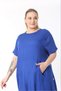Large Size Women's Cobalt Blue, Long Dress with Metal Buttons and Kangaroo Pockets 65N37881 - 6
