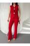 Women's Buttoned Vest Trousers Set Red Gold Detailed Office Suit - 7