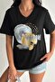 Women's Black V-Neck Plus Size Sequin Sequin Embroidered 100% Cotton T-Shirt