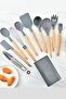 11-Piece Silicone Serving Set with Bamboo Handles - Ladle, Colander, Tongs, Spatula Set - Fireproof Silicone Set