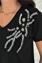 Women's Black V-Neck Shoulder Sequin Embroidered 100% Cotton T-Shirt - 2