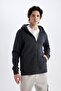 Regular Fit Hooded Soft Fleece Inside Pocketed Basic Plain Zippered Sweatshirt X8331Az24Au - 3