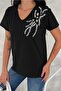 Women's Black V-Neck Shoulder Sequin Embroidered 100% Cotton T-Shirt - 5