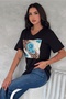 Women's Black V-Neck Large Size Floral Sequin Sequin Embroidered 100% Cotton T-Shirt - 3