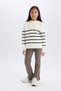 Girl's Ecru Striped Crew Neck Knitwear School Sweater Z0194A624Au - 2