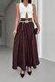 Women's Burgundy Stone Detailed Crush Effect Long Flared Skirt - 4