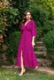 Women's Fuchsia Front Slit Detail Double-Breasted Collar Midi Length Summer Dress - 3