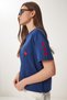 Women's Navy Blue Heart Embroidered Cotton Knitted T-Shirt Mp00032 - 3