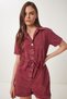 Women's Burgundy Polo Neck Washed Summer Gabardine Jumpsuit Rg00053 - 2