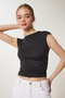 Women's Black Gathered Sandy Crop Blouse An00229 - 2