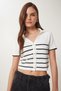 Women's Ecru Black Striped Seasonal Knitwear Cardigan Ub00367 - 2