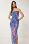 Women's Purple Pink Patterned Strapless Midi Knitted Dress Wo00048 - 3