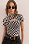 Women's Black Kiss Detailed Checkers Interlock Jacquard Blouse Blz- 19002919 - 5